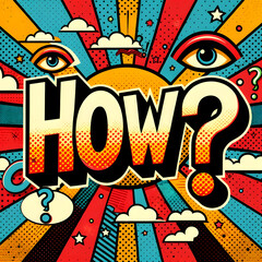 a vibrant and colorful illustration featuring the word "HOW?" in large, bold letters with a question mark, all set against a background filled with various graphic elements reminiscent of the pop art 