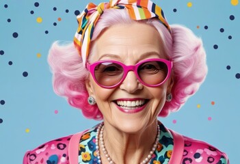 The picture shows a close-up of a woman with pink hair and wearing sunglasses. She is smiling and wearing bright pink lipstick. Her hair is styled in a curly multicolored hairstyle. 
