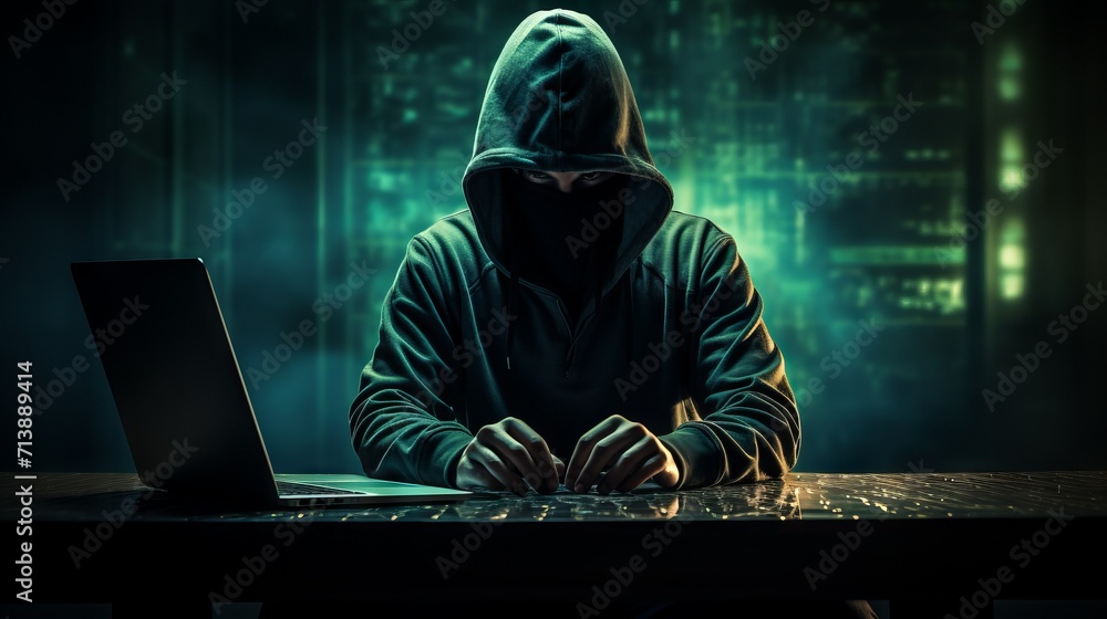 Poster An anonymous hacker in a hood at a laptop computer in a dark room. Cyber attacks, Cracking codes and passwords concepts.