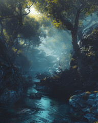 underwater scene with rays of light and sun