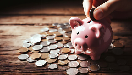saving money by adding coin in pig shaped bank after retirement and record keeping of income, expenditure, savings and financial concepts. Generative Ai.