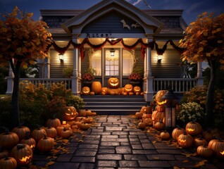 Obraz premium Halloween Trick-or-Treating Porch Pumpkins Jack-O-Lanterns Background Wallpaper Image