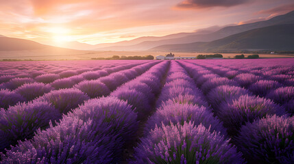 Sunset over Lavender Field with Farmhouse View