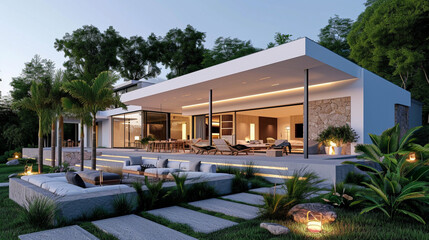 Modern white house with outdoor seating area 