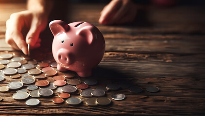 saving money by adding coin in pig shaped bank after retirement and record keeping of income, expenditure, savings and financial concepts. Generative Ai.