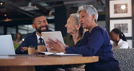 Meeting, tablet and business people in office for discussion for planning, management review or internet. Corporate, teamwork and men and women on digital tech for collaboration, website and proposal