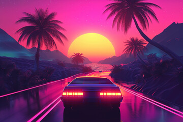 Vintage car on neon-lit retro synthwave beach