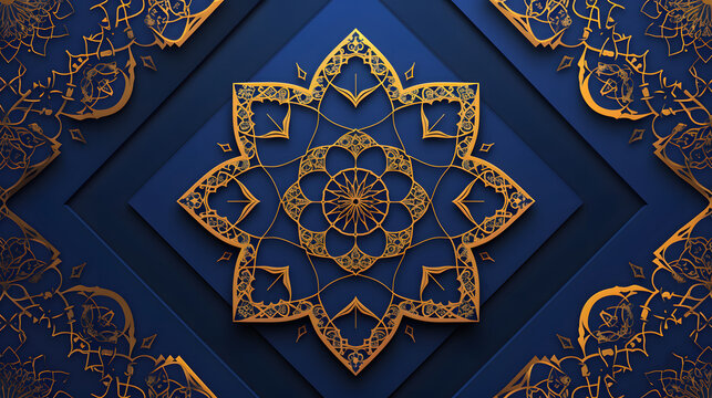 golden mandala on royal blue background, ramadan background