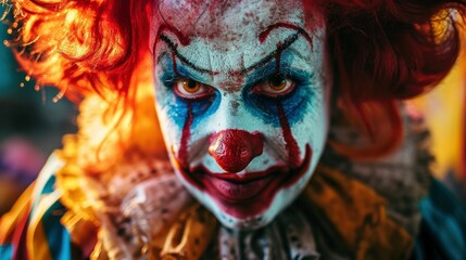 Clown with and multicolored bright makeup and red hair looking at camera while standing in room colorful