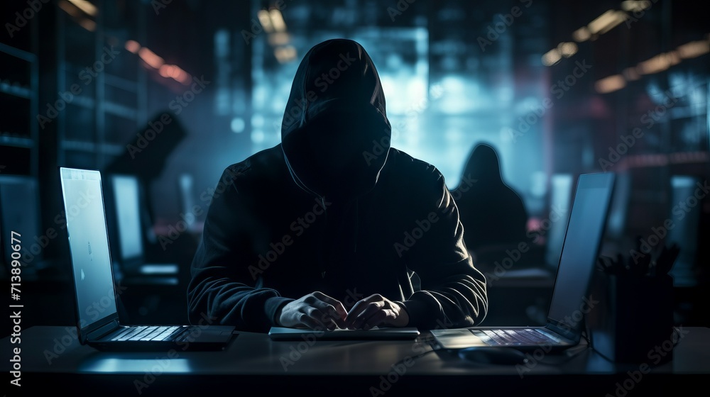 Aufkleber An anonymous hacker with a hood hacking into corporate data servers in a dark room. Cybercrime.