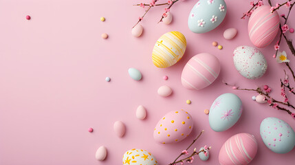 Fototapeta na wymiar Easter eggs on pink background top view