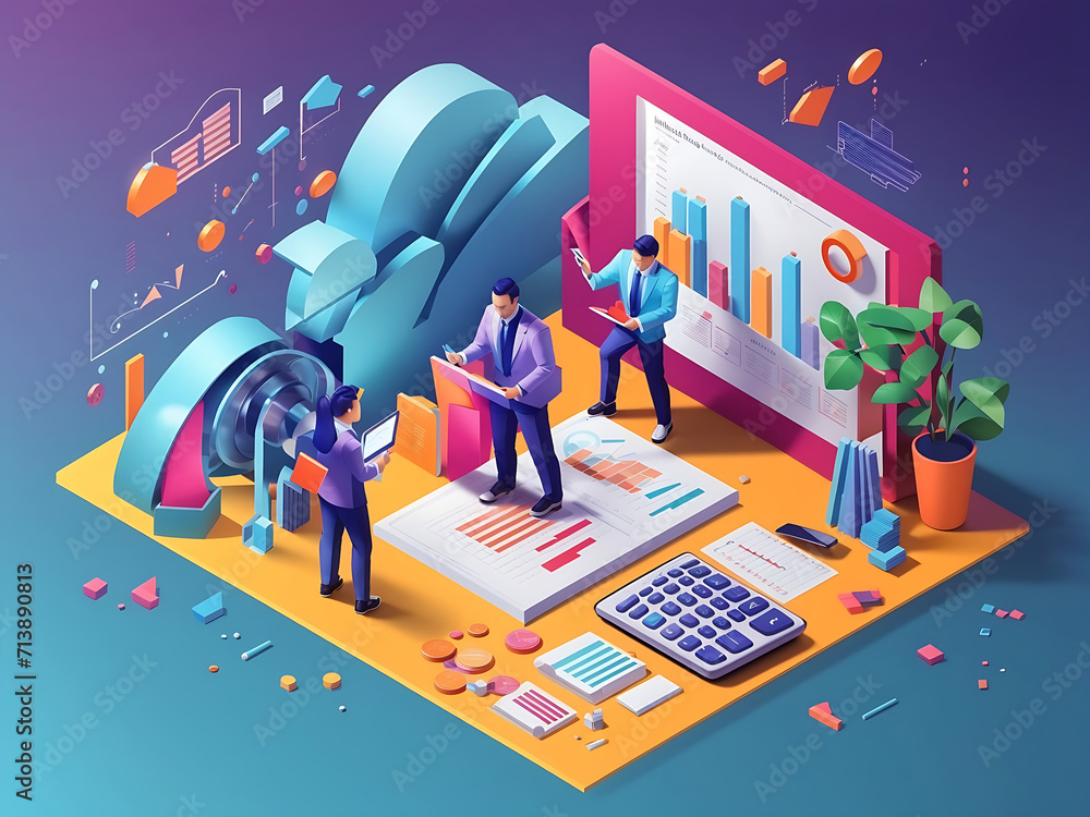 Poster business and marketing concept in 3d isometric design. people calculate budgets and make financial r