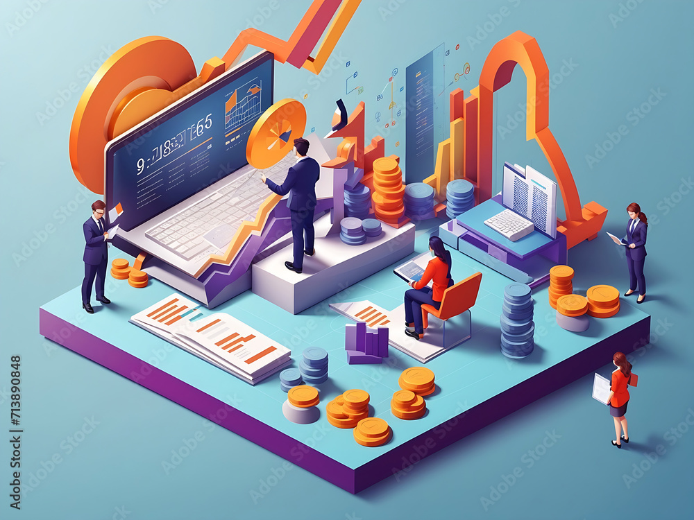 Poster business and marketing concept in 3d isometric design. people calculate budgets and make financial r