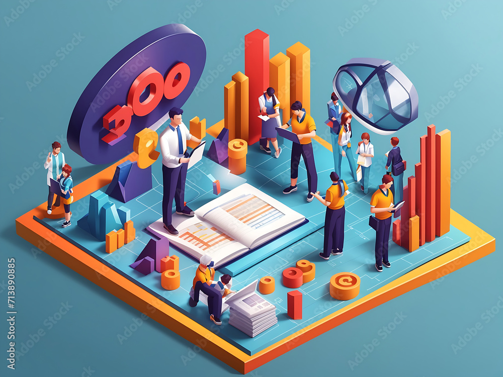 Poster business and marketing concept in 3d isometric design. people calculate budgets and make financial r