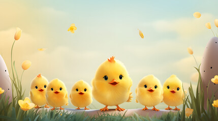 Cheerful cartoon chicks are walking on the grass