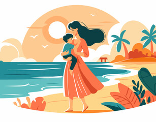 Mom and child on the beach in summer. . A flat illustration. The colors can be easily changed in the vector