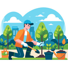 Fototapeta na wymiar A man with a shovel is planting a tree. A flat illustration. The colors can be easily changed in the vector