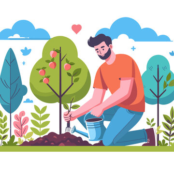 A man with a shovel is planting a tree. A flat illustration. The colors can be easily changed in the vector