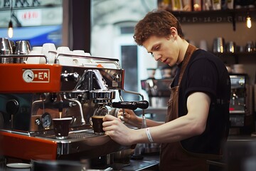 Fototapeta na wymiar Focused Barista Operating Professional Espresso Machine