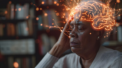 Senior woman with headache at home with highlighted brain, stressed depression migraine concept