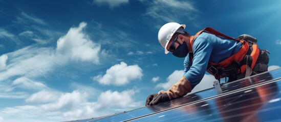 technician is installing solar panels during the day.bright blue sky background - obrazy, fototapety, plakaty