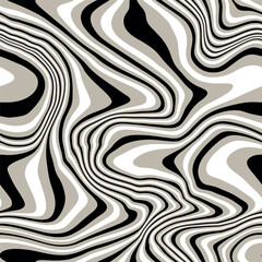 Vector seamless pattern. Abstract op art texture with thin monochrome wavy stripes. Creative background with distorted lines. Decorative striped design.