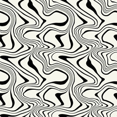 Vector seamless pattern. Abstract op art texture with thin monochrome wavy stripes. Creative background with distorted lines. Decorative black and white striped design.