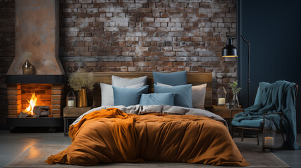 Bed with blue pillow and coverlet near fireplace. Loft interior design of modern bedroom with brick wall. Generative ai