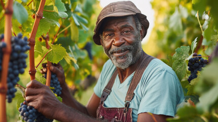 Portrait of a seasoned winegrower tending to grapevines in a vineyard