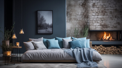 Bed with blue pillow and coverlet near fireplace. Loft interior design of modern bedroom with brick wall. Generative ai