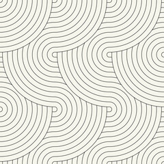 Vector seamless pattern. Monochrome texture with confused striped tape. Repeating geometric maze. Concentric circular tapes form geometric labyrinth. - obrazy, fototapety, plakaty