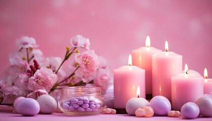 Obraz na płótnie Canvas Easter eggs and a candle encircle a pink backdrop creating a festive and vibrant scene, easter candles image