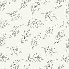 Vector seamless pattern with simple linear twigs and leaves. Graphically natural print. Repeating natural texture.
