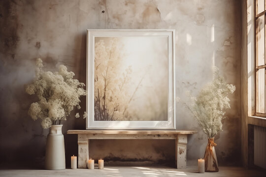 Minimal wall art frame on vintage interior room with natural light on sunny day