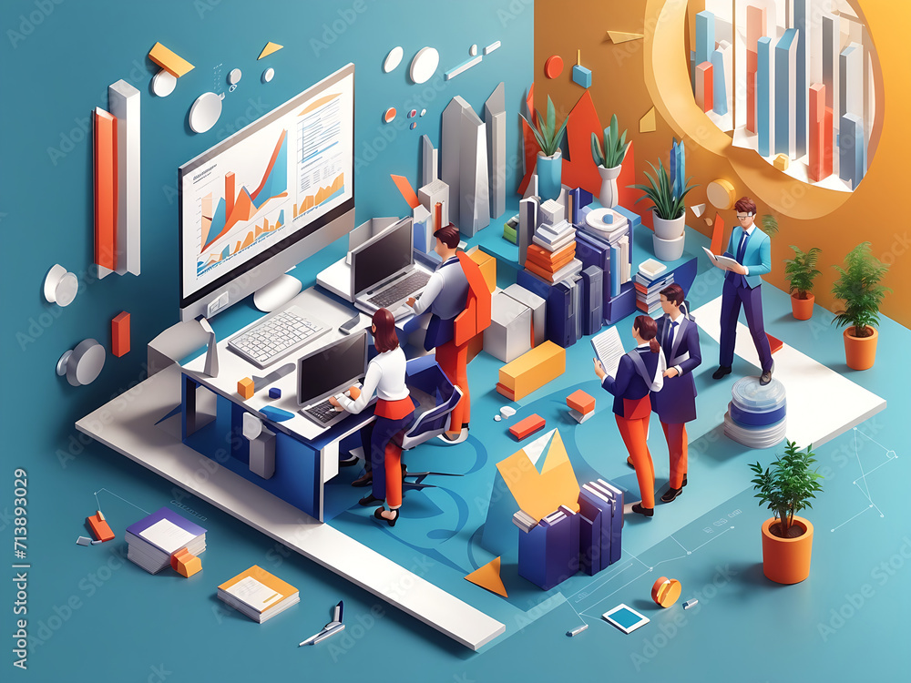 Aufkleber business and marketing concept in 3d isometric design. people making financial analyses, creating re