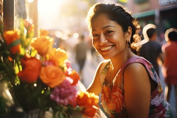 Colorful Flower Market Latina Street Vendor's Graceful Smile Radiates Warmth - obrazy, fototapety, plakaty