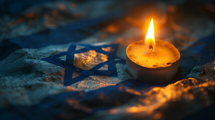 Holocaust Remembrance Day, Israel Flag within with Bald burning candle and the Star of David, Generative Ai