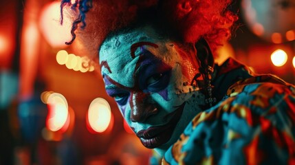 20 year old African man clown with and multicolored bright makeup and red hair looking at camera while standing in room colorful. - obrazy, fototapety, plakaty