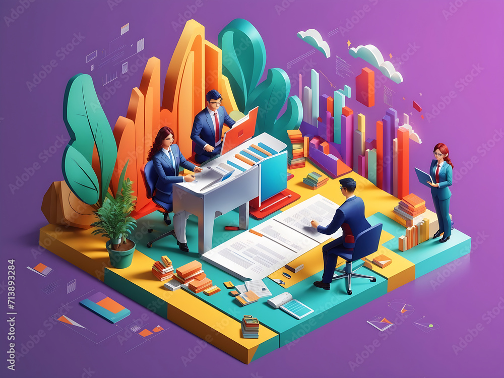 Aufkleber business and marketing concept in 3d isometric design. people making financial analyses, creating re