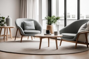 Interior home design of modern living room with chairs and a round wooden table near the window