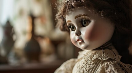 Close-up portrait of a vintage porcelain doll, with a visible crazing texture on its face to give an impression of antiquity and delicate fragility. - obrazy, fototapety, plakaty