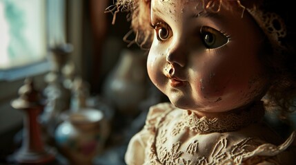 Close-up portrait of a vintage porcelain doll, with a visible crazing texture on its face to give an impression of antiquity and delicate fragility. - obrazy, fototapety, plakaty