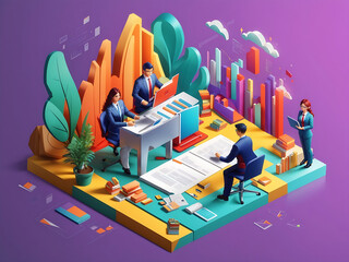Business and marketing concept in 3d isometric design. People making financial analyses, creating reports and working with company documents. Vector illustration with isometry scene for web graphic.