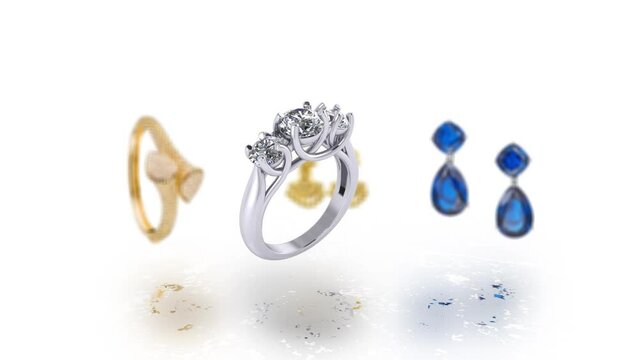 Motion animation of rings, bracelets and earrings on white background. Sales show of jewelry.