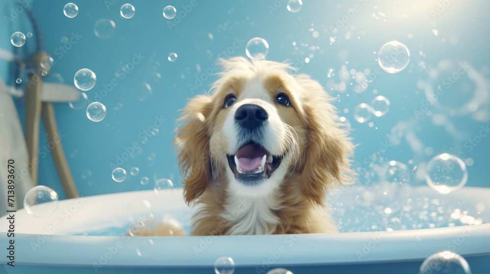 Wall mural little puppy in a bathroom with soap bubbles