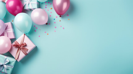 Vibrant Birthday Party Atmosphere with Colorful Balloons, Gifts, and Festive Decor. Flat Lay Composition with Isolated Background, Perfect for Celebratory Occasions and Promotional Content.