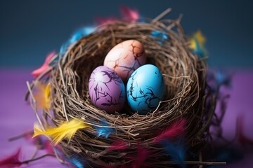 Colorful easter egg rests in an animal nest on a vibrant background, easter baskets picture