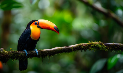 Fototapeta premium Toucan sitting on the branch in the forest, Generative AI
