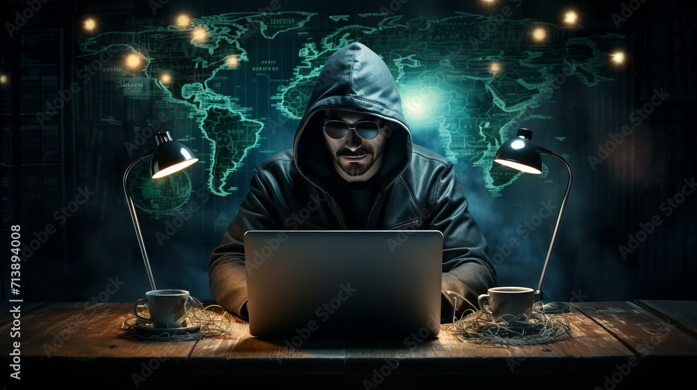Poster a hacker in a black hood with a laptop in a dark room against the background of a world map. cybercr