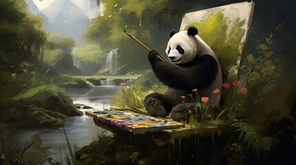Artistic Panda: Capture the essence of a giant panda, creatively painting a canvas with bamboo brushes. Uncover this unique moment 
